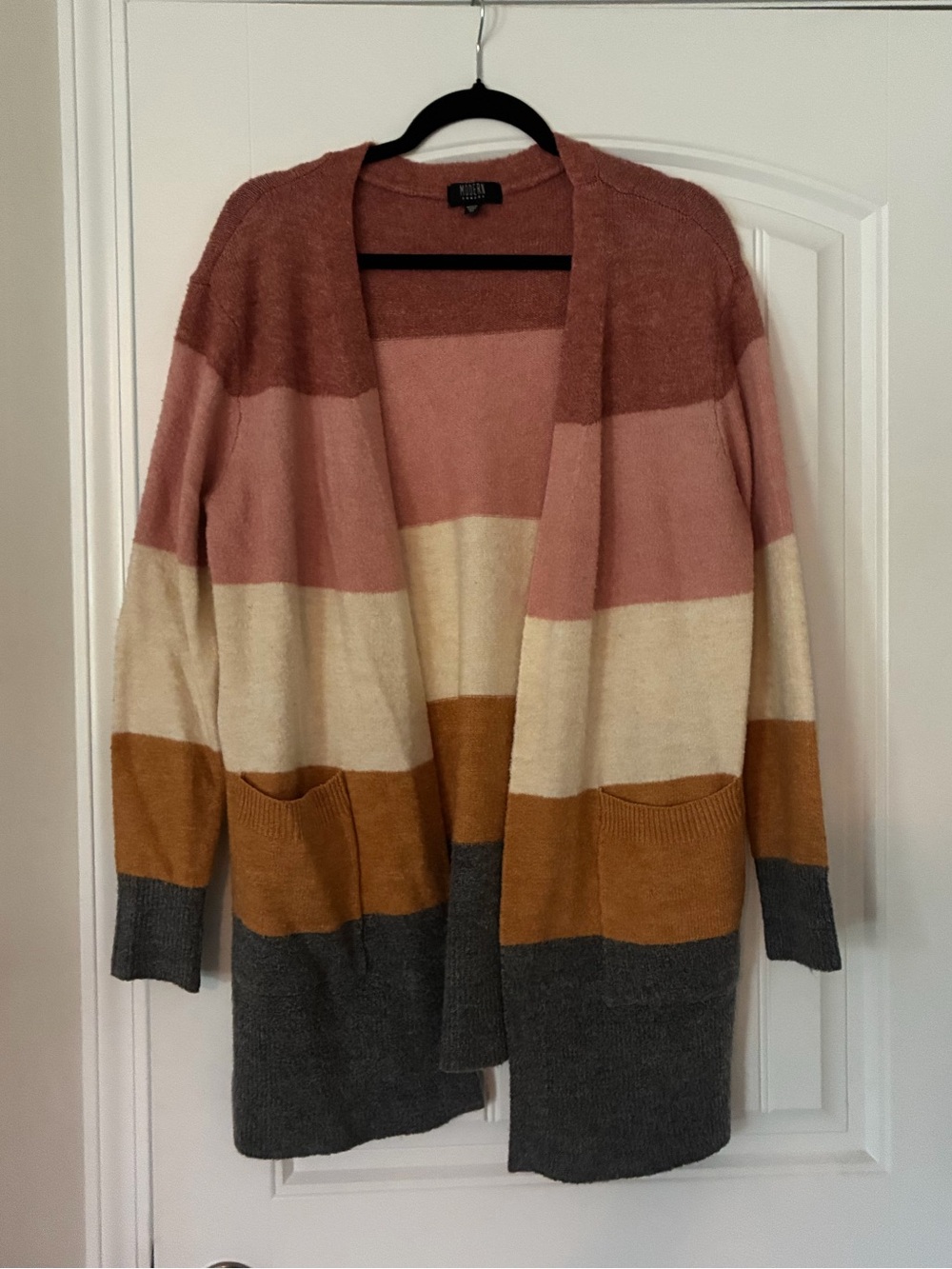 Cozy Striped Open-Front Cardigan Sweater - Pink/Cream/Gold/Gray